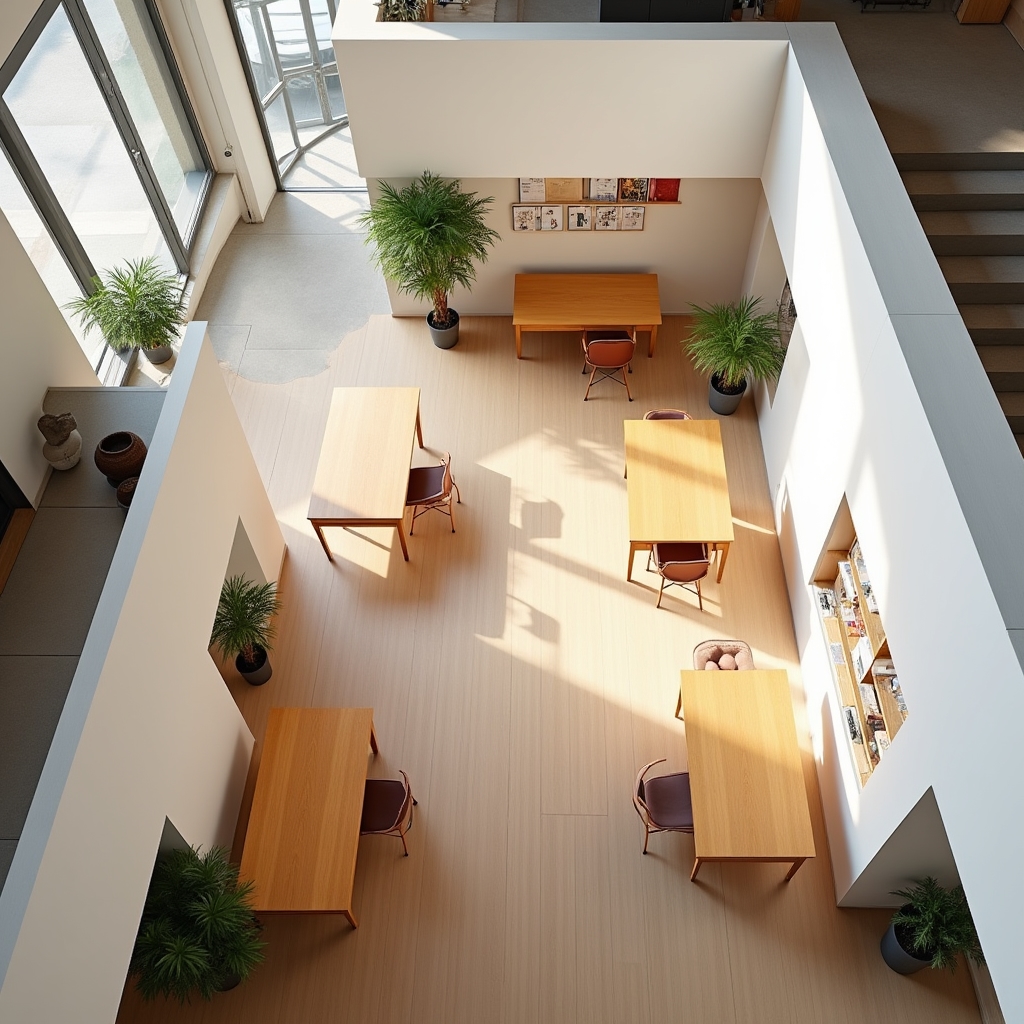 Overhead view of a small converted coworking space with six desks arranged in a former retail unit