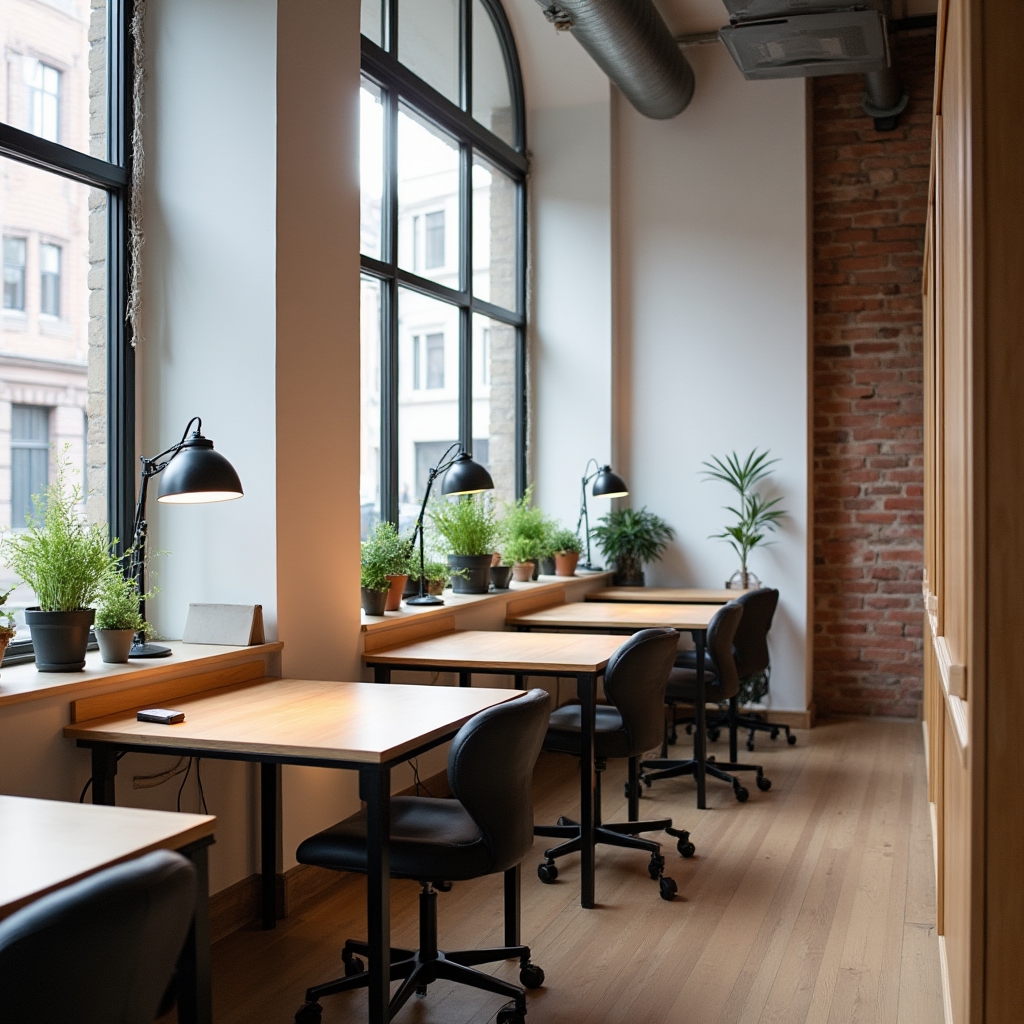 Coworking interior in Lublin with wooden desks and large windows facing the street
