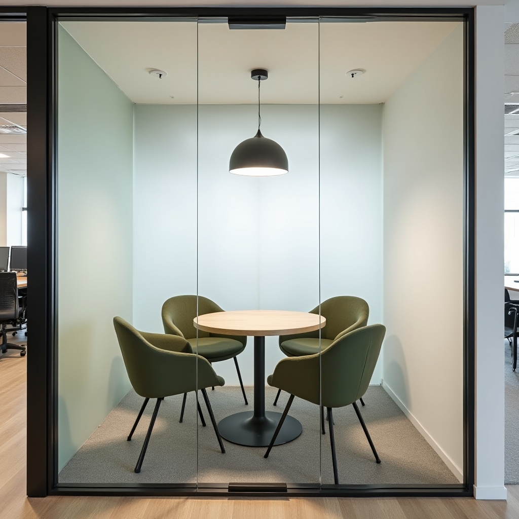 Small glass-partitioned meeting room inside a converted coworking space with a table and four chairs