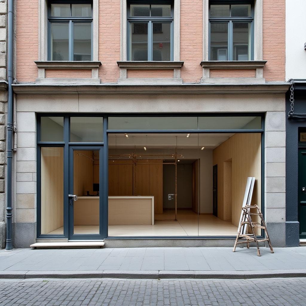 Ground floor shopfront in a Polish city being converted into a small office and coworking entrance